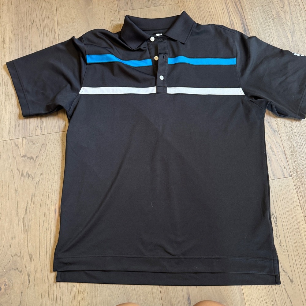 FootJoy Mens Performance Golf Polo Shirt Black Blue White Stripe Size M